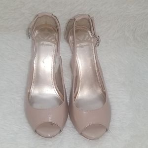 (2/$15) Fergalicious Nude Open Toe Heels Size 6